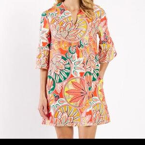 Jude Connally Kerry Gilded Glass Print Split V-Neck 3/4 Bell Sleeve Knit XS